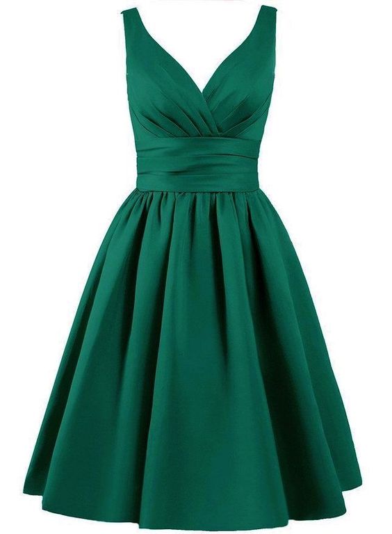 Emerald Green Satin Knee Length ALine Evening Dress Featuring Plunge V
