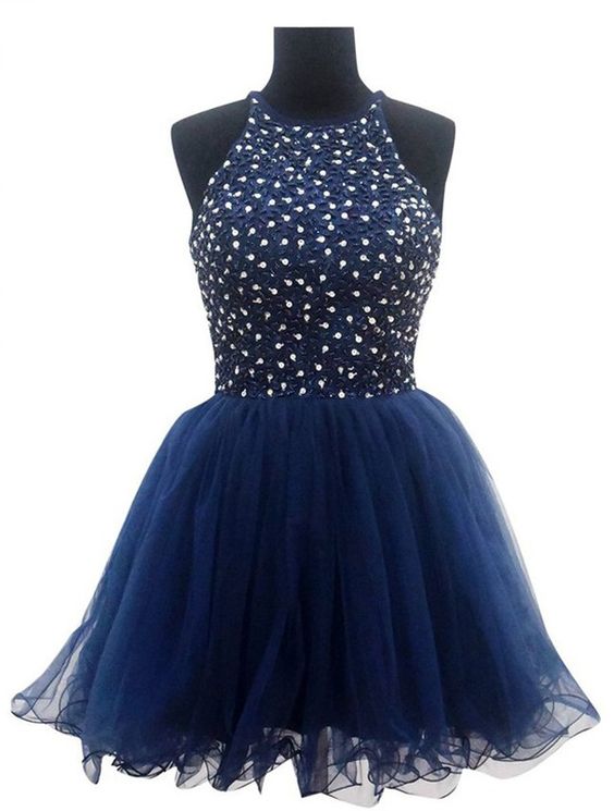 Uhm0010 Navy Blue Short Halter Homecoming Dress With Sequin Embellishment On Luulla 7936